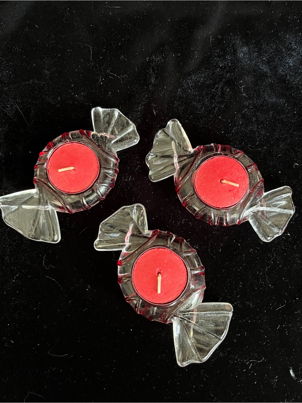 Set of 3 Glass Peppermint Candy Votive Candle Holders Clear & Red